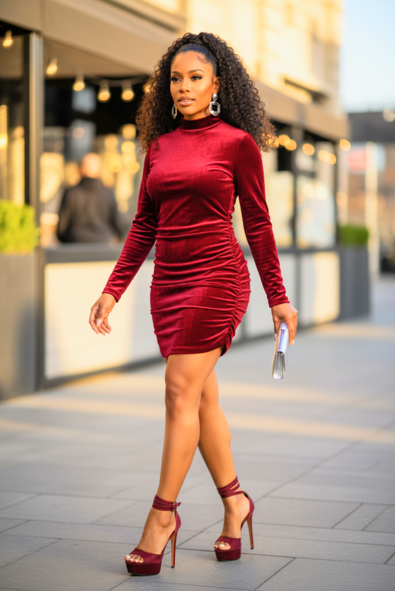 Crush Velvet Side Scrunch Dress Burgundy