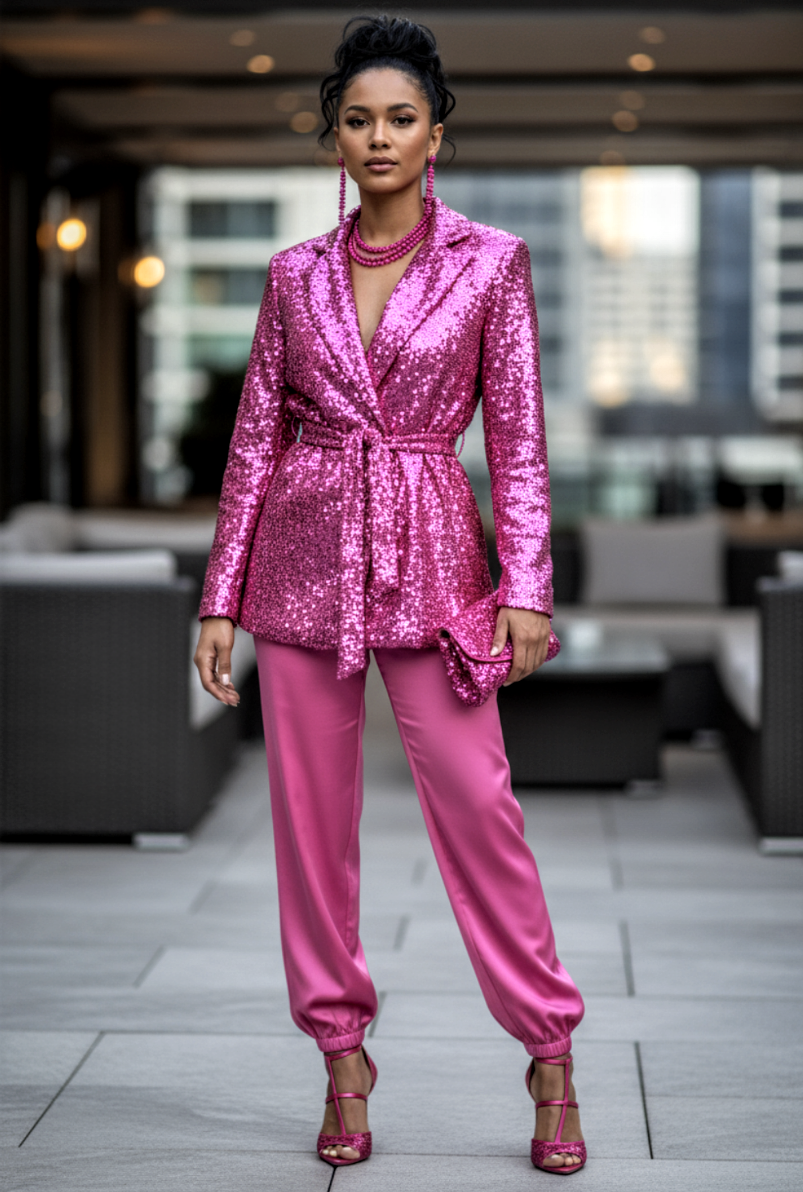 Sequin Front Tie Blazer Fuchsia