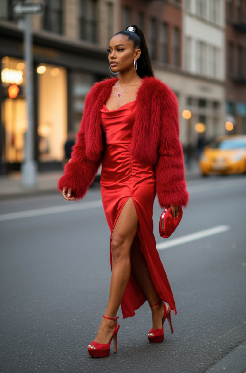 Satin Side Slit Dress Red