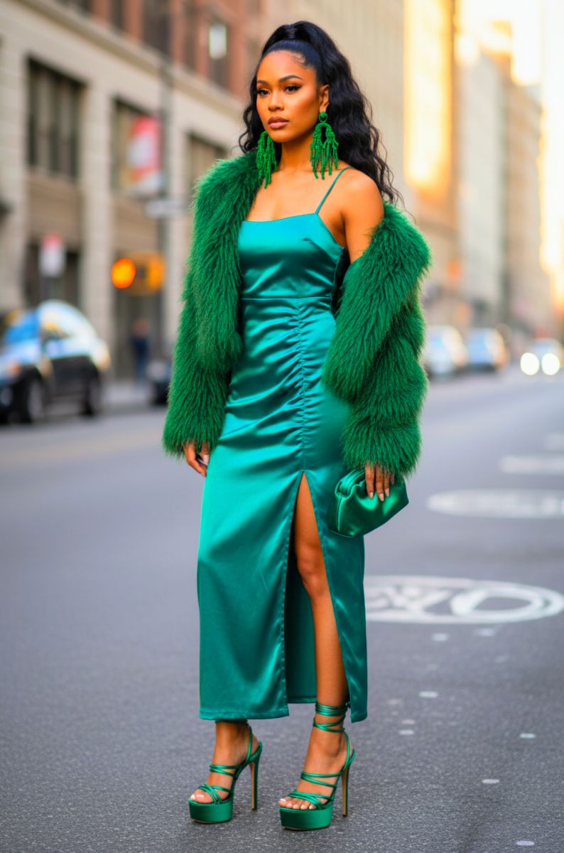 Satin Side Slit Dress Green