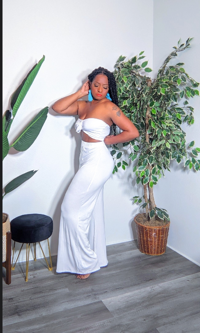 Kendall 2pc Wide-leg with Crop Top Pant Set (White)