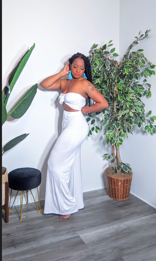 Kendall 2pc Wide-leg with Crop Top Pant Set (White)