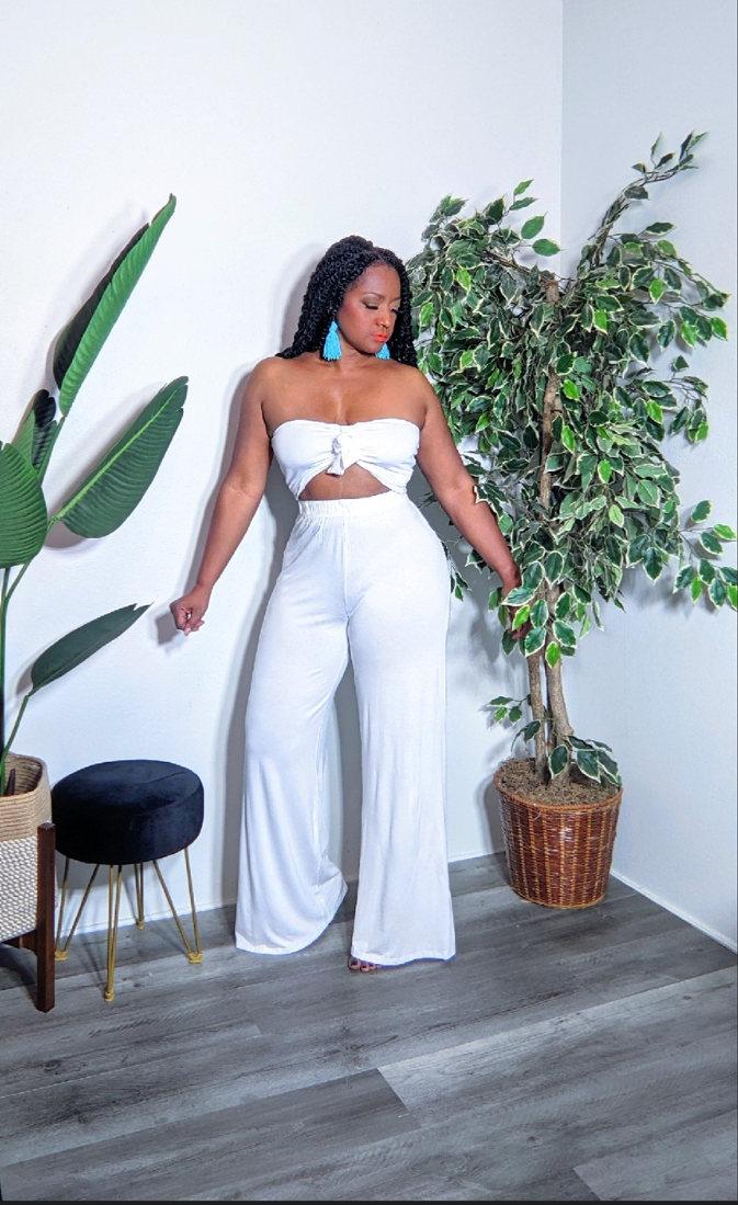 Kendall 2pc Wide-leg with Crop Top Pant Set (White)