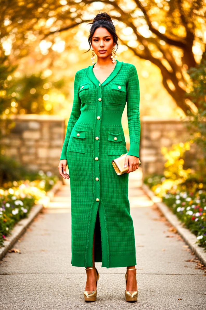 Quilted Design Fitting Sweater Dress Green