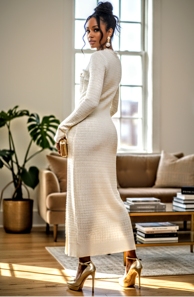 Quilted Design Fitting Sweater Dress Cream