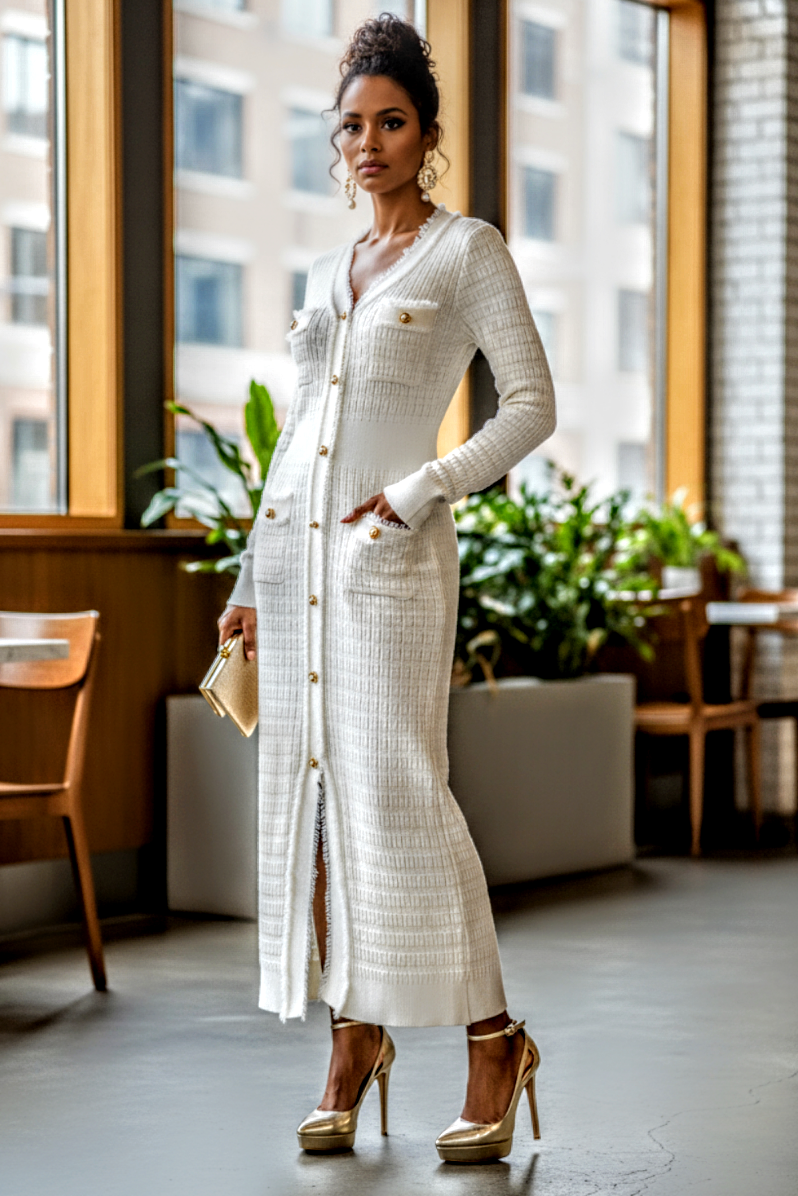 Quilted Design Fitting Sweater Dress Cream