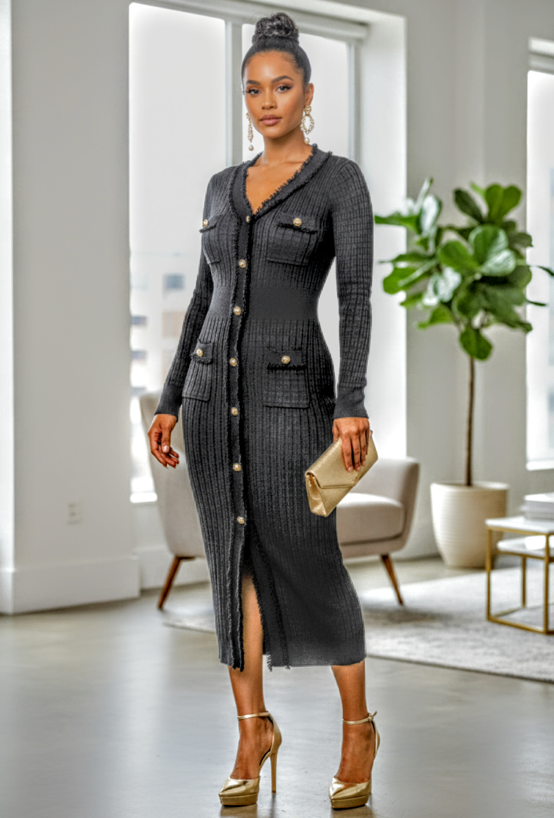 Quilted Design Fitting Sweater Dress Black