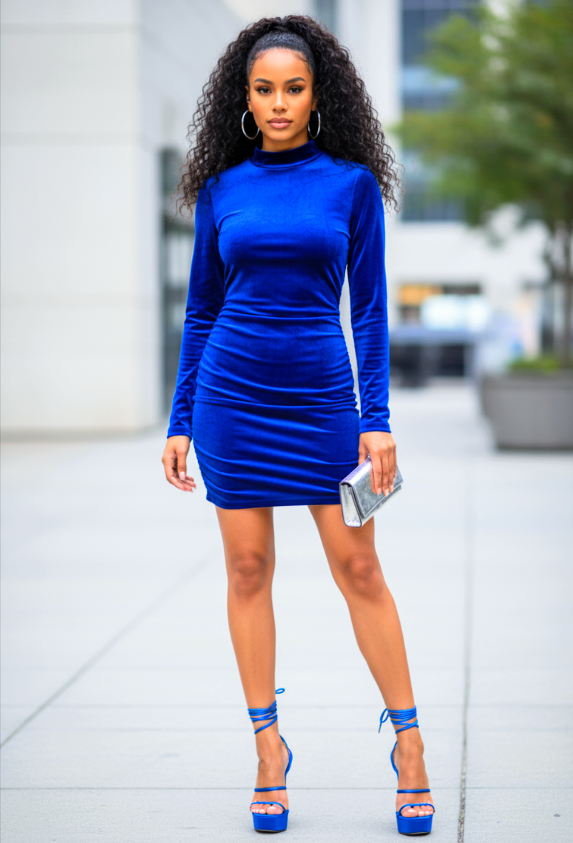 Crush Velvet Side Scrunch Dress Blue