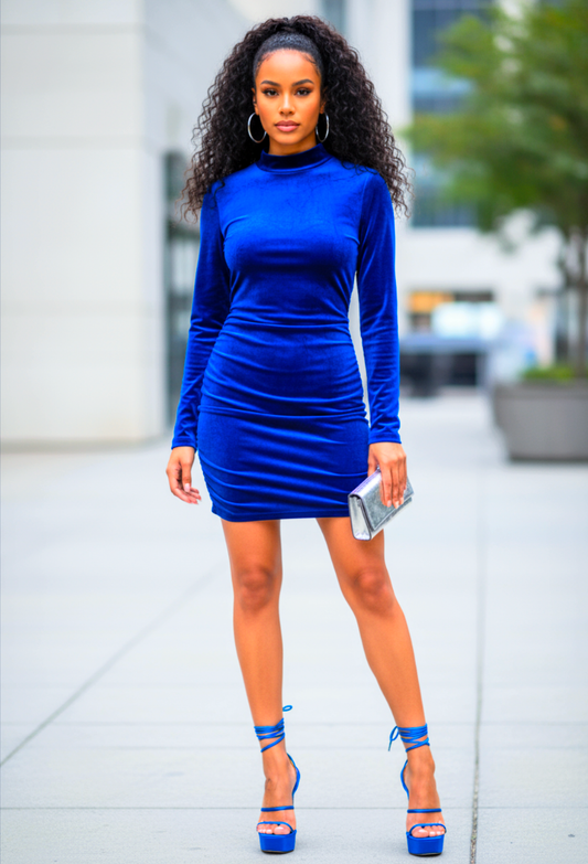 Crush Velvet Side Scrunch Dress Blue