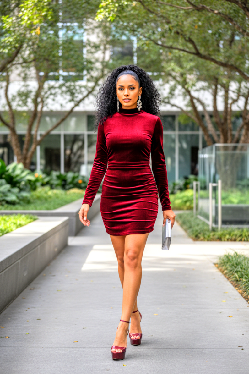 Crush Velvet Side Scrunch Dress Burgundy