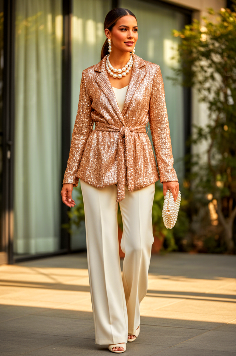 Sequin Front Tie Blazer Gold