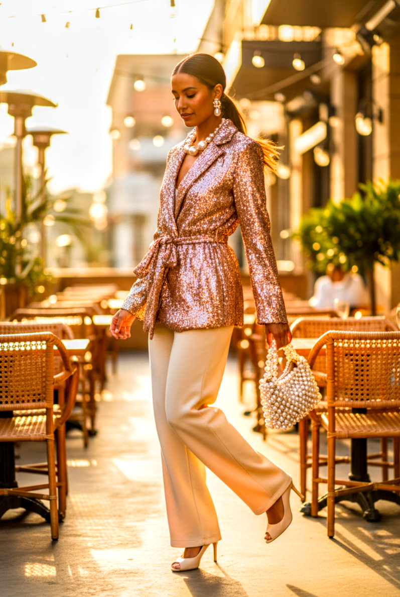 Sequin Front Tie Blazer Gold