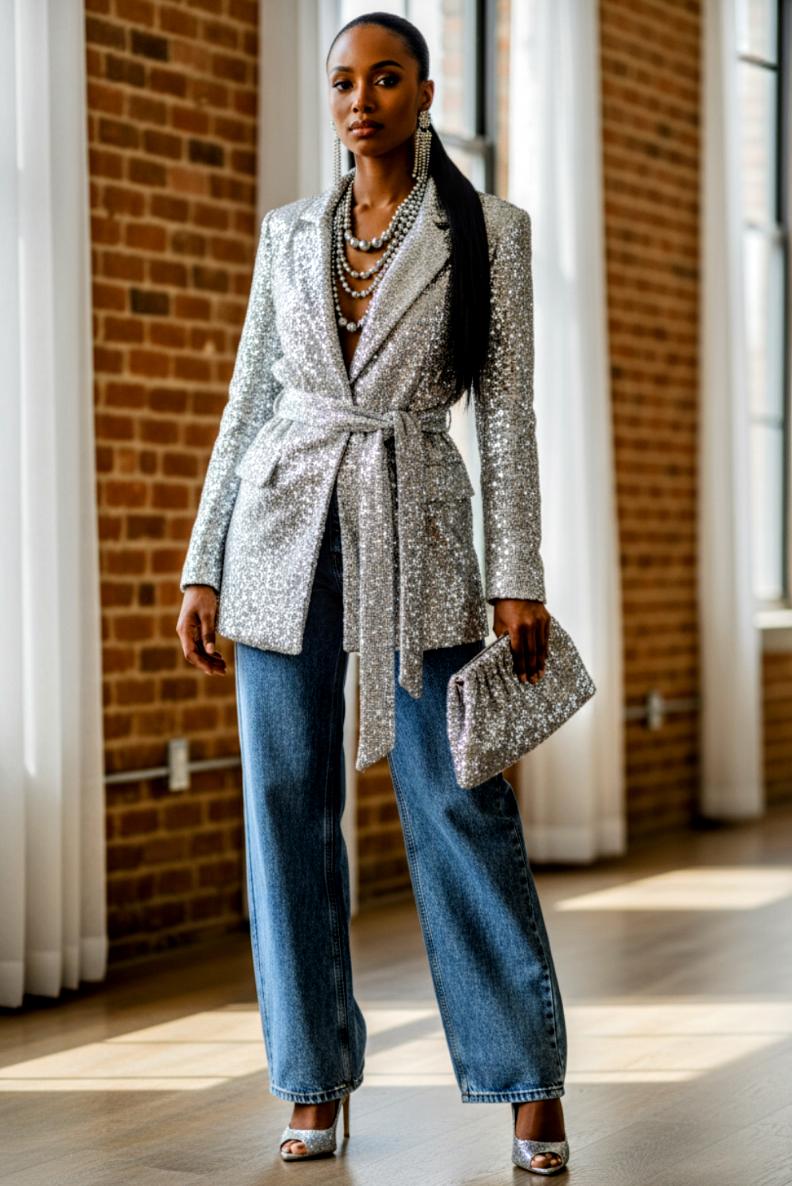 Sequin Front Tie Blazer Silver