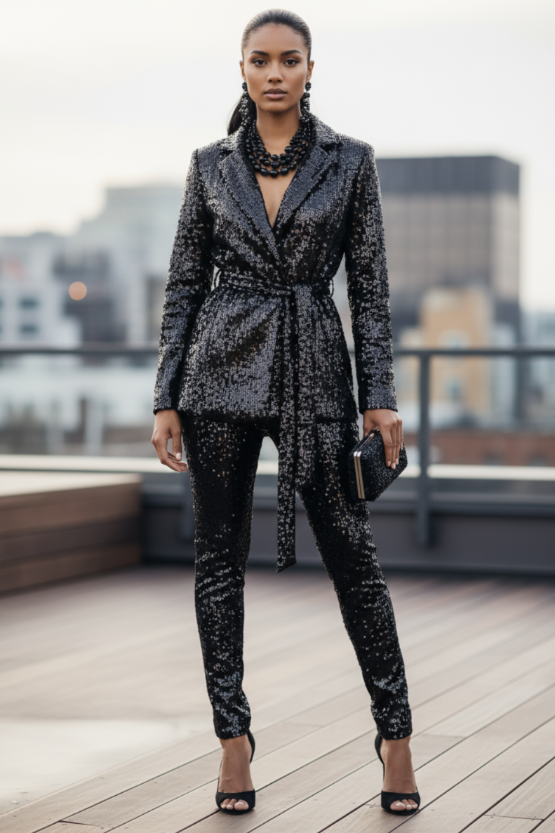 Sequin Front Tie Blazer Black