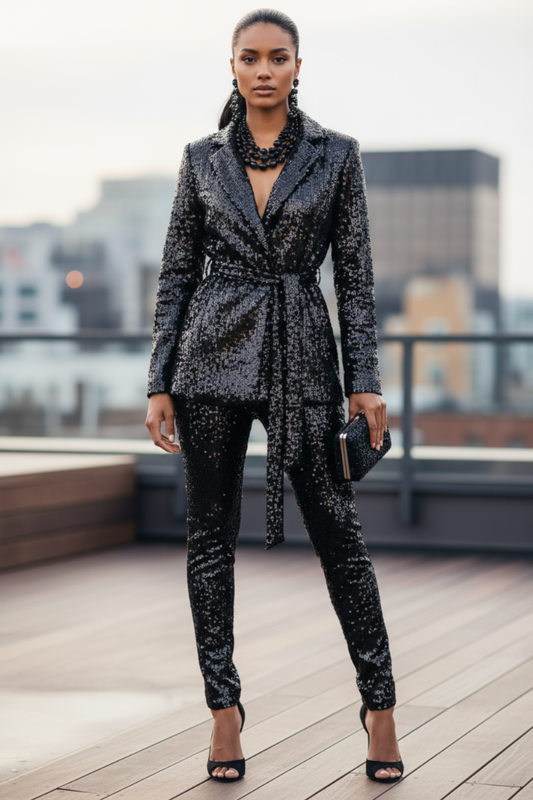 Sequin Front Tie Blazer Black