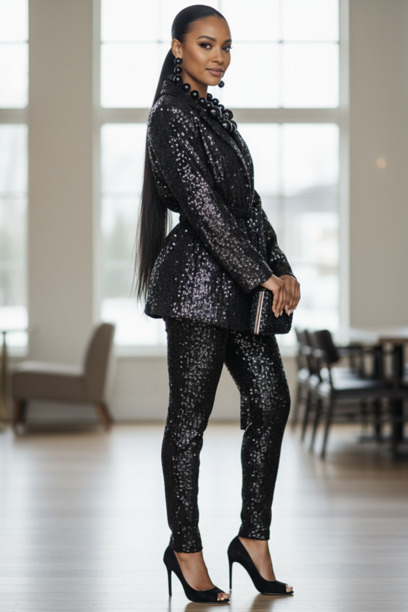 Sequin Front Tie Blazer Black