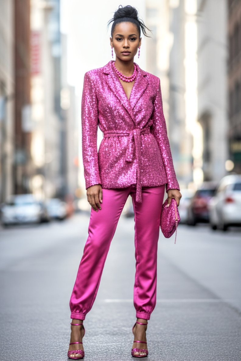 Sequin Front Tie Blazer Fuchsia