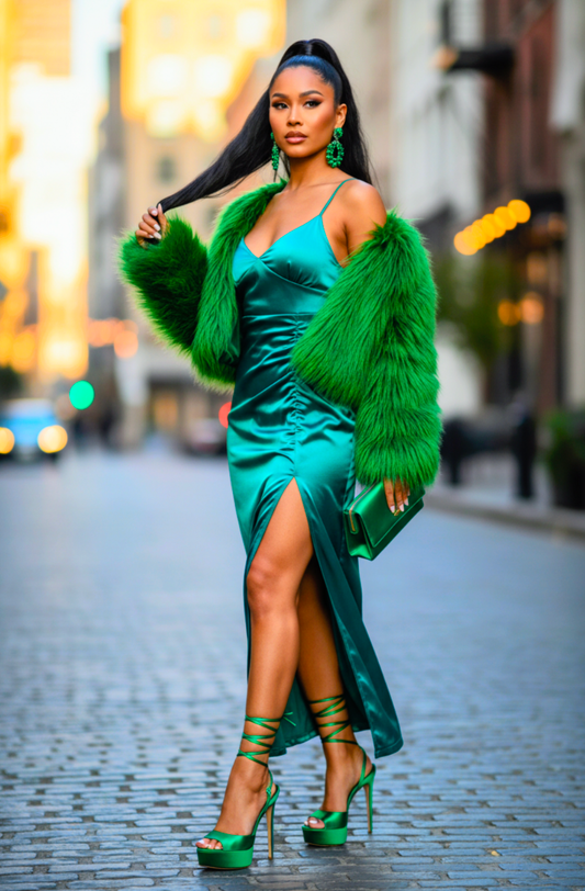 Satin Side Slit Dress Green