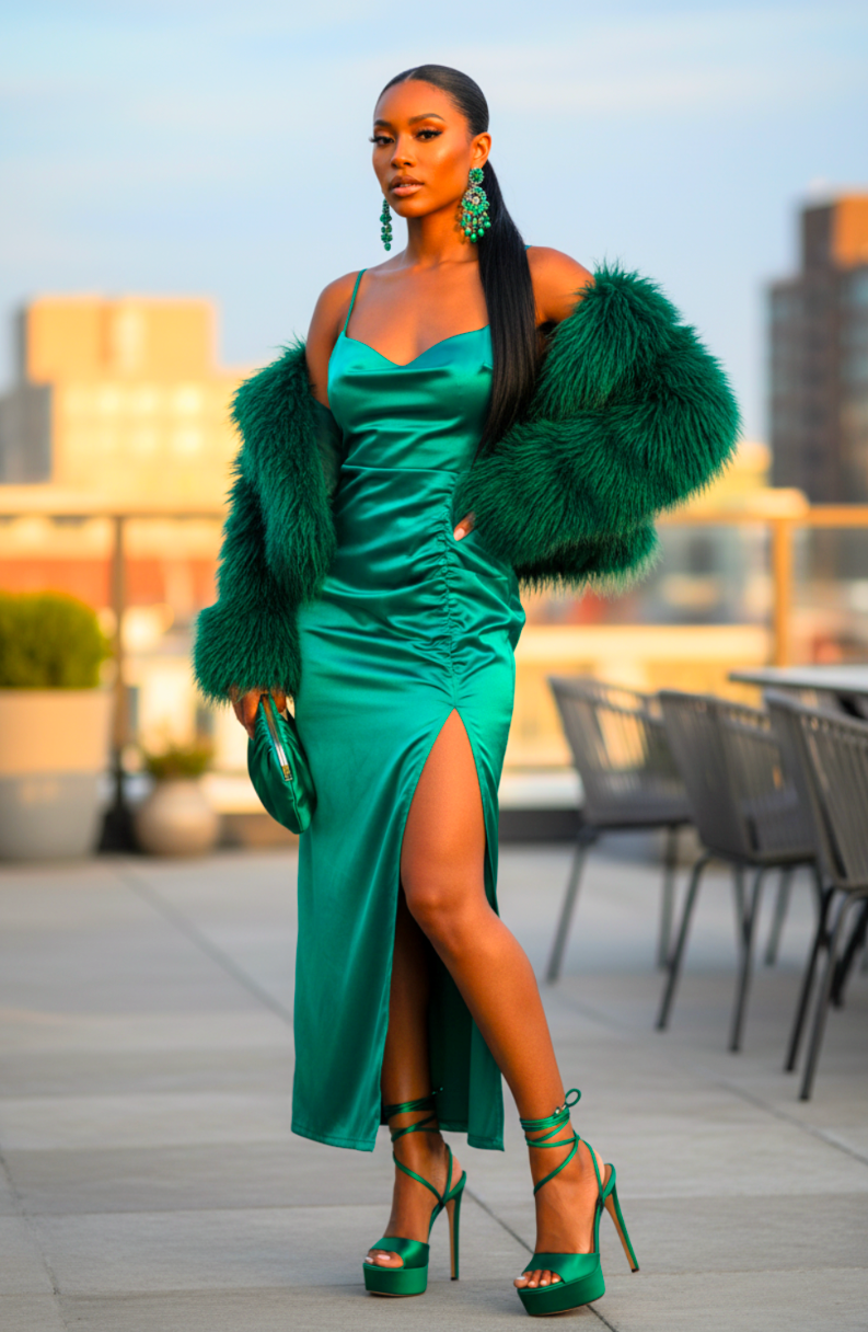 Satin Side Slit Dress Green