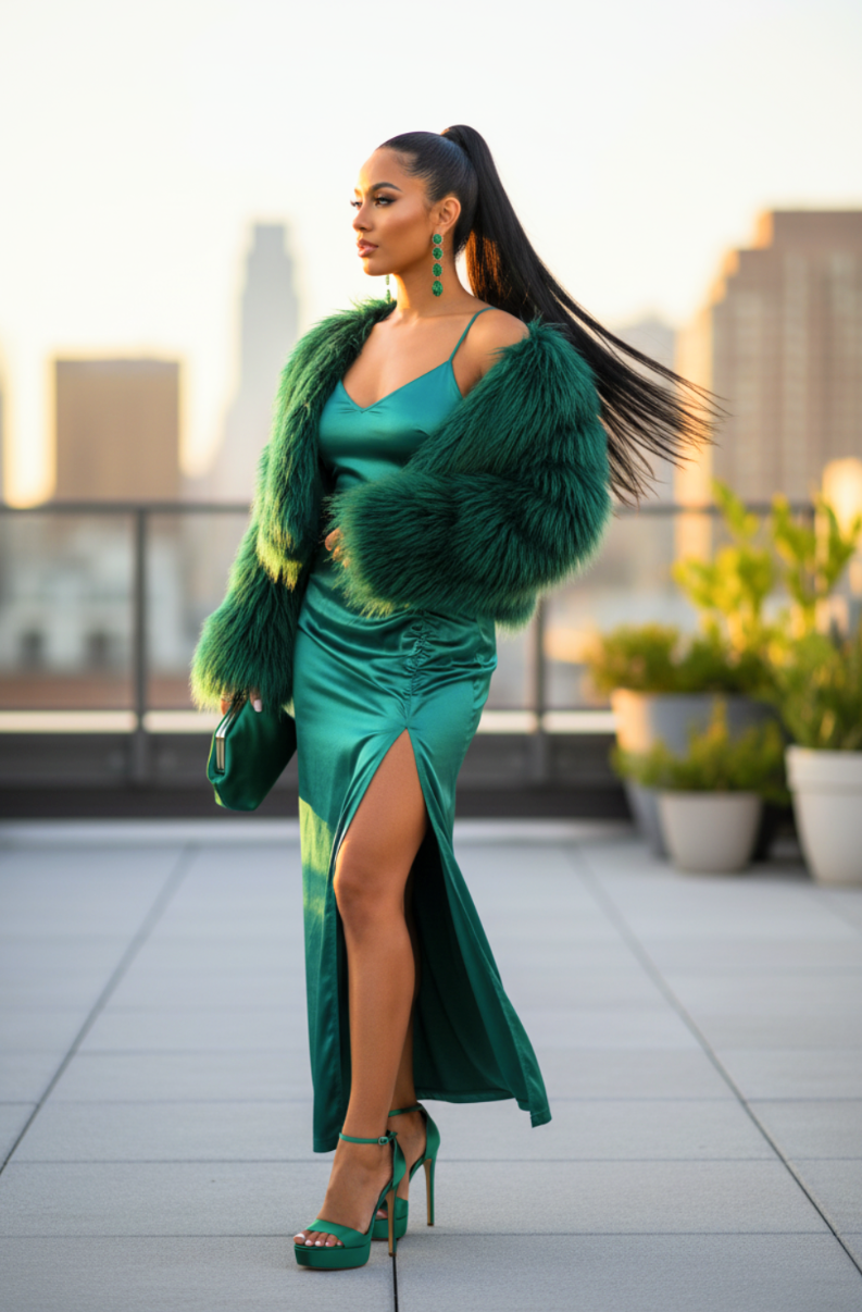 Satin Side Slit Dress Green